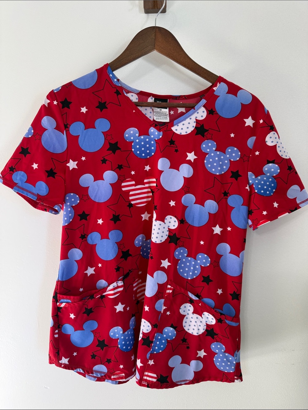 Disney Red Mickey Head Print Scrub Top with Blue Accents Americana